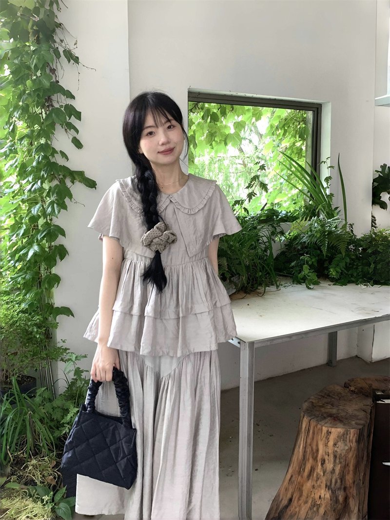 灰月光 氛围感套装 夏季 荷叶袖短袖衬衫半身裙 - 女装衬衫 - 其他材质 灰色