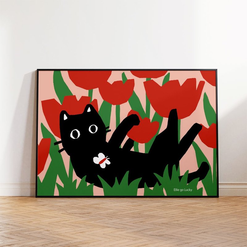 艺术印刷郁金香田里的猫咪插画海报 A3、A2 - 海报/装饰画/版画 - 纸 