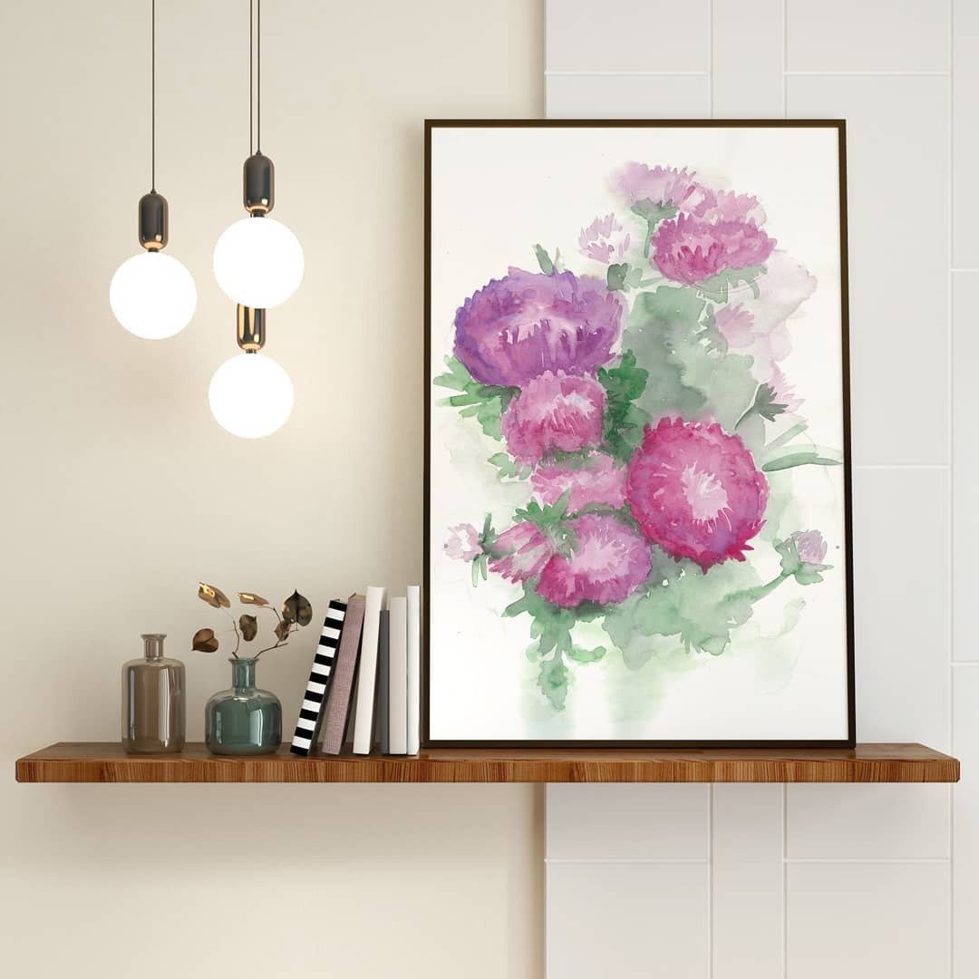 紫苑花束，纸上水彩画。家居装饰，手工礼品。 - 墙贴/壁贴 - 纸 紫色