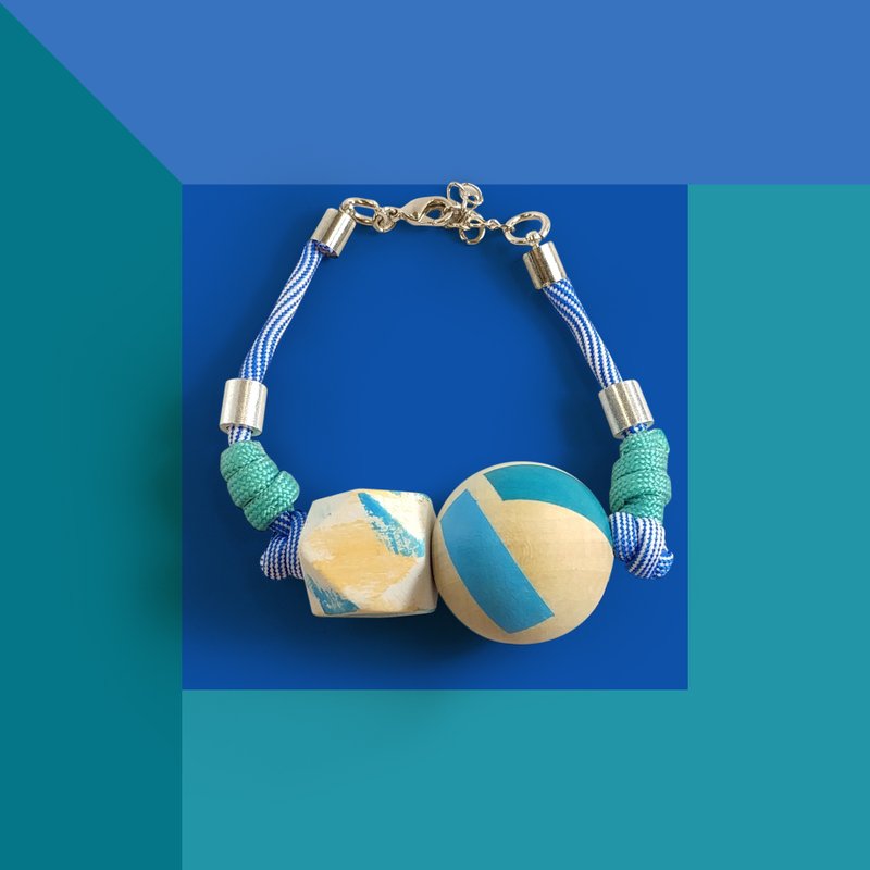 Puppets 蓝白混色花纹 水彩花纹六角形 图案圆球 木头 手绳 錬 - 手链/手环 - 木头 多色