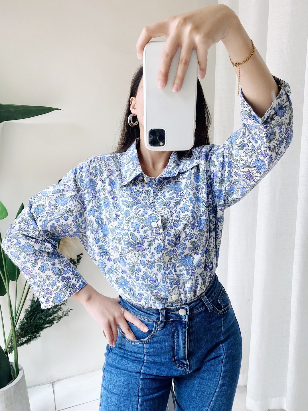 湖水蓝满满花纹浪漫春秋 古着翻领纯棉衬衫上衣 vintage Shirt - 女装衬衫 - 棉 蓝色