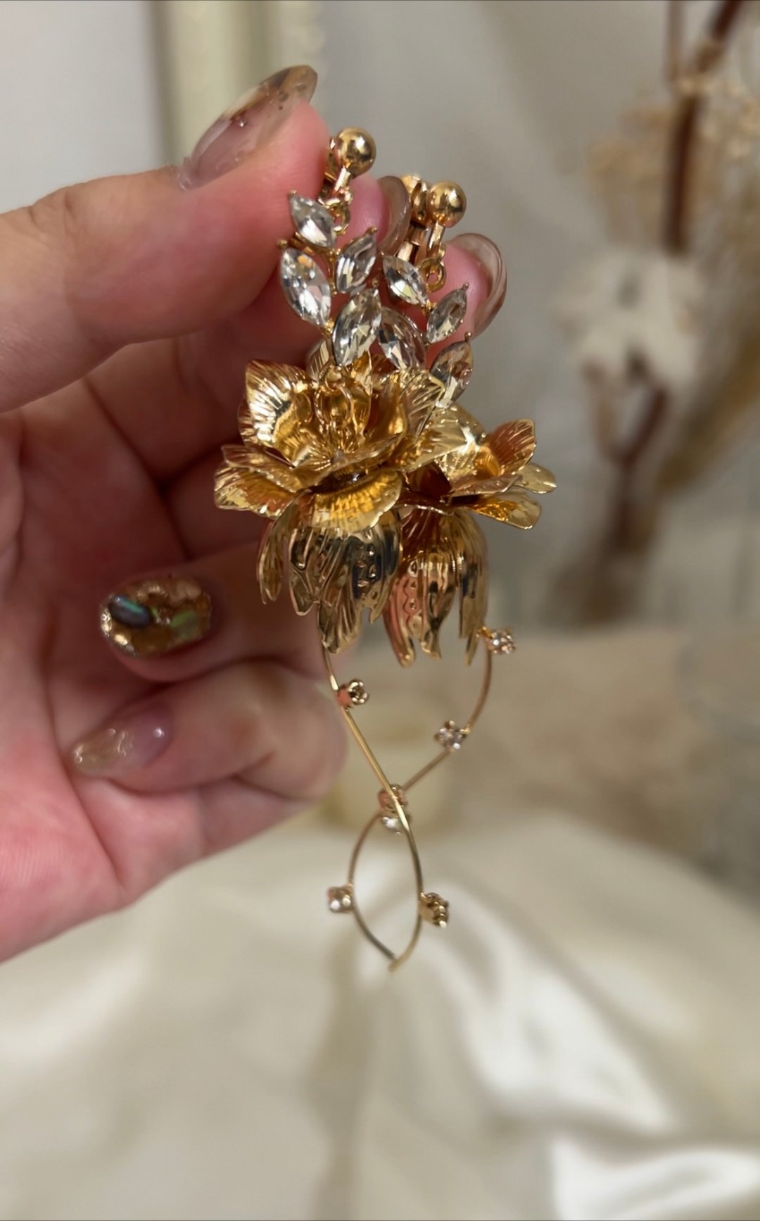 Wedding Wedding Bridal Large Earrings Cashier Botanical Bijou Gold Bride Clip-On - 耳环/耳夹 - 其他金属 金色