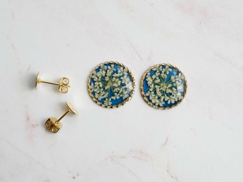 【Florence'page】Pressed flower earrings - 耳环/耳夹 - 树脂 蓝色