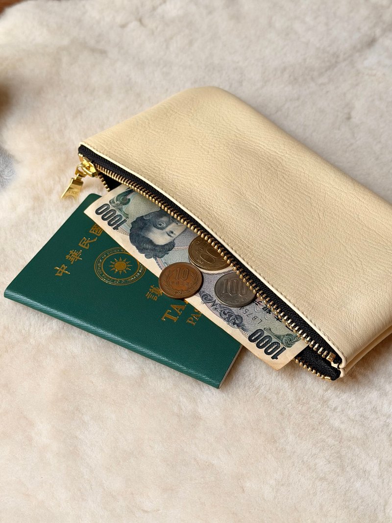 大容量钞票包 奶油黄 I 铅笔袋 收纳包 出国外币收纳 - 皮夹/钱包 - 真皮 黄色