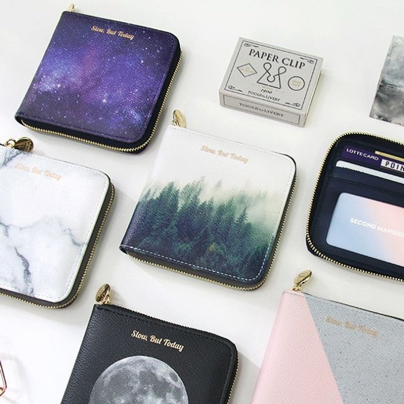 Second Mansion 自然元素方块金链皮革短夹-05雾之森,PLD67038 - 皮夹/钱包 - 真皮 银色