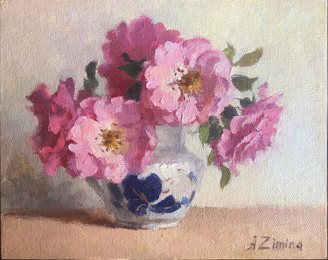 Pink roses painting, original oil painting flowers, small oil painting - 海报/装饰画/版画 - 其他材质 粉红色