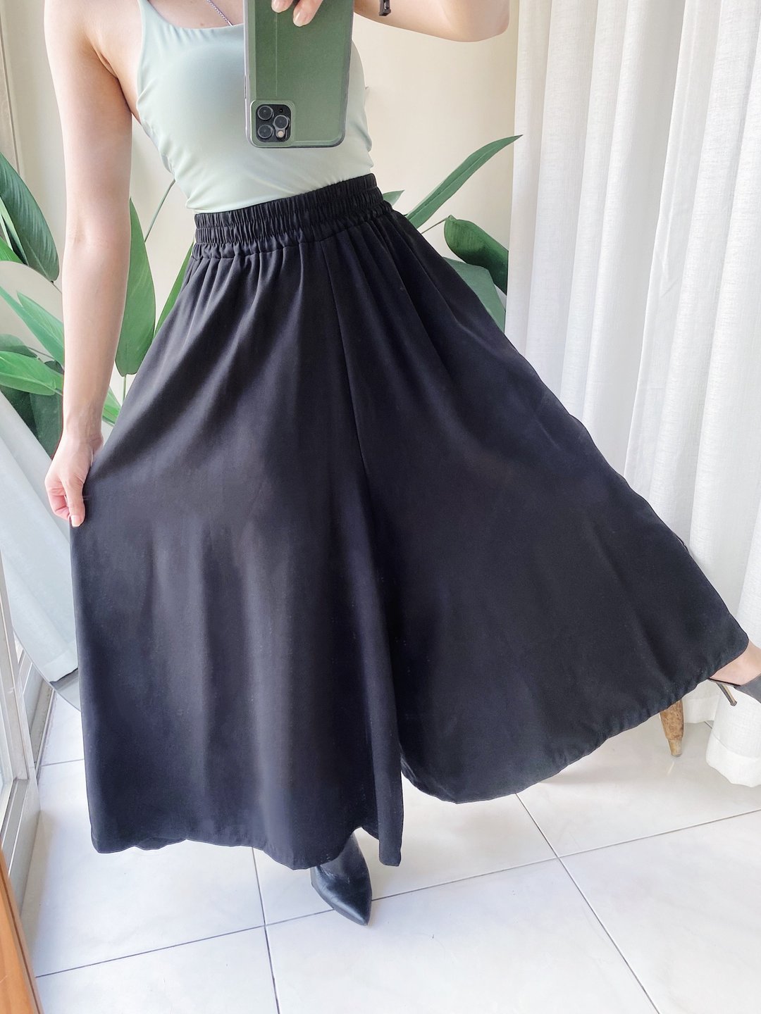 纯黑经典素面宽松松紧裤头 纺纱薄料长裤宽裤 pants vintage - 女装长裤 - 聚酯纤维 黑色