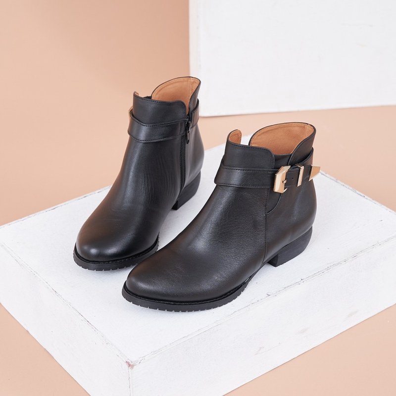 皮带金扣拉链平底短靴 黑色 - 女款短靴 - 真皮 黑色
