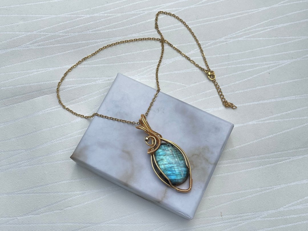 220742 wire wrapping 拉长石 铜线 绕线 吊堕 - 项链 - 铜/黄铜 蓝色