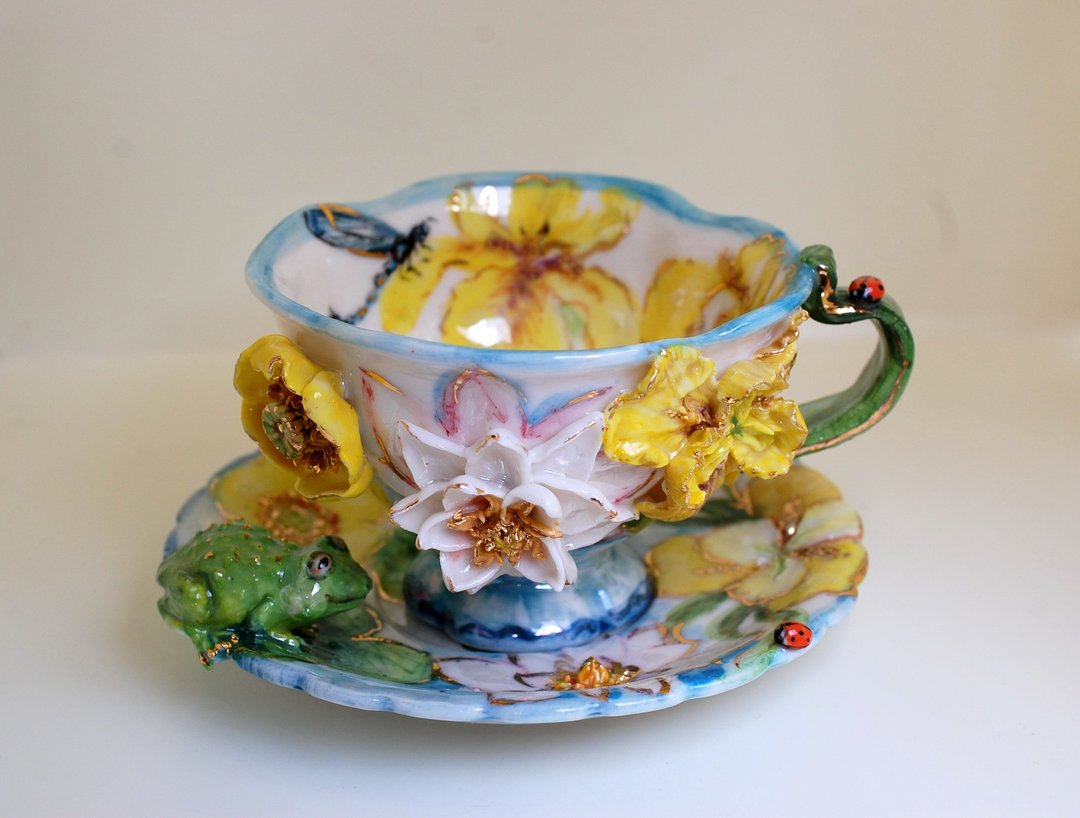 艺术茶具 瓷茶杯碟 青蛙公仔 睡莲 蜻蜓 - 茶具/茶杯 - 瓷 多色