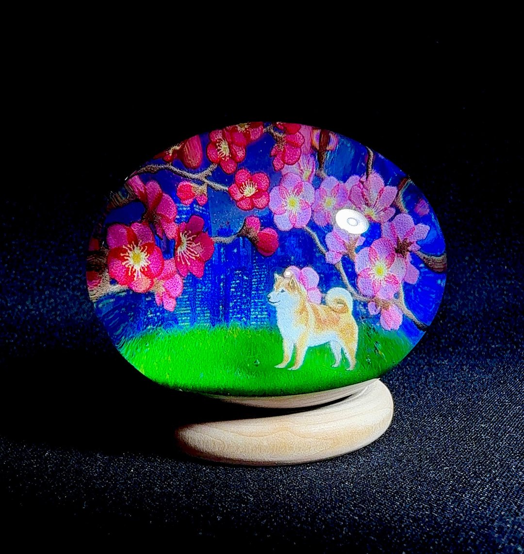 夜梅与散步柴犬树脂艺术 Shiba Inu & Plum Blossom Night Oval - 摆饰 - 树脂 多色