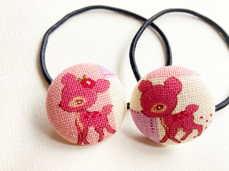 儿童发饰 手作布包钮扣发束发圈 小鹿斑比 松紧带发圈 一组两入 - 发饰 - 棉．麻 粉红色