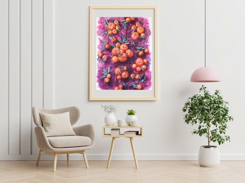 Tangerine original watercolor handmade painting by artist Irina Zhunaeva - 海报/装饰画/版画 - 纸 多色