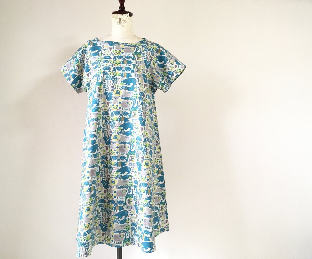 Animal's Flare One Piece Cotton Linen Turquoise - 洋装/连衣裙 - 棉 蓝色