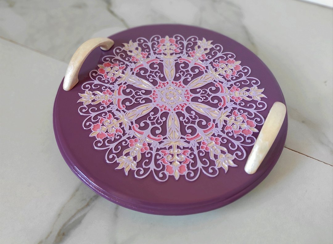 Round Small Tray for Tea Coffee Tray with Handles Handpainted Tray - 托盘/砧板 - 木头 紫色
