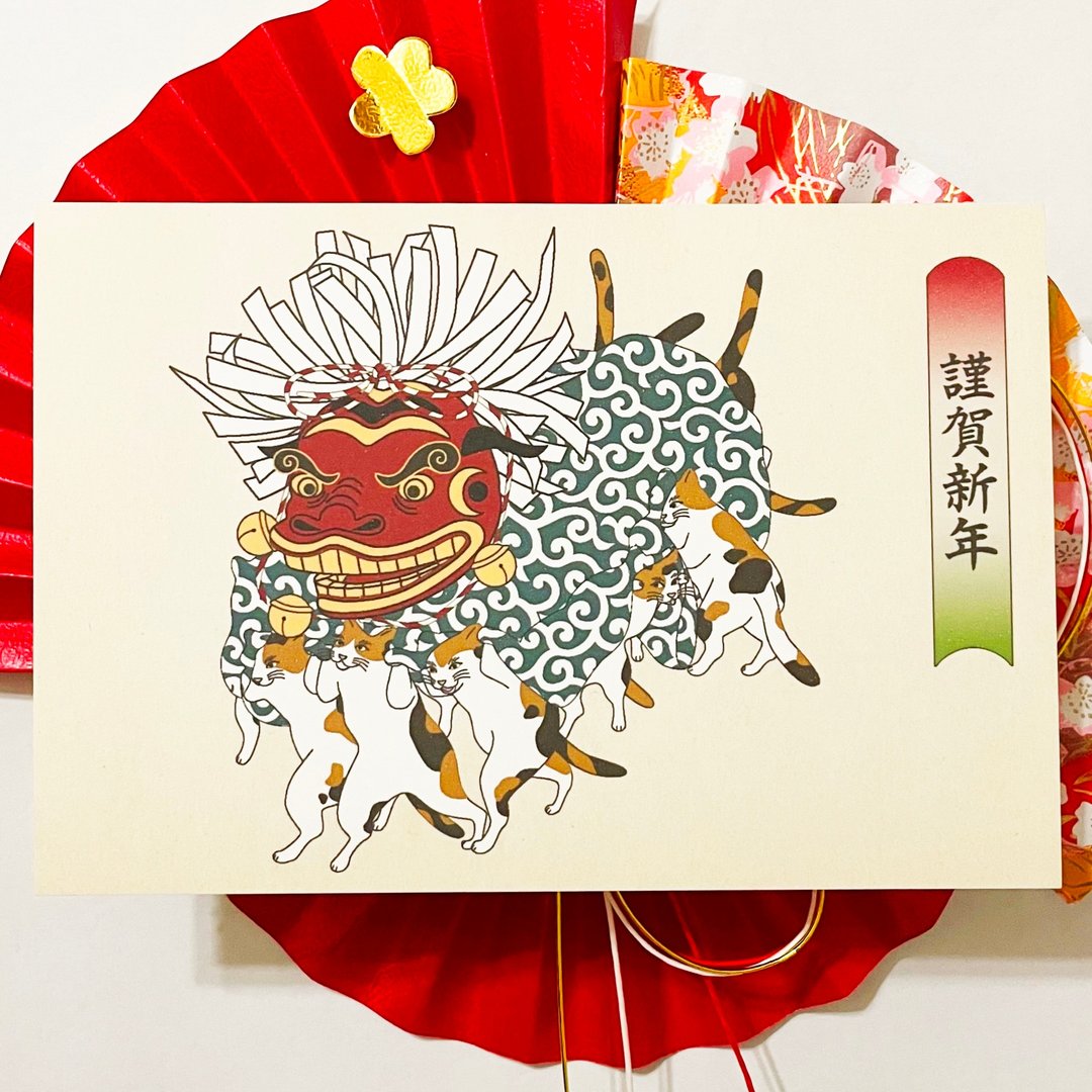 2025年印花布猫舞狮戏新年贺卡套装5张新年贺年蛇年蛇年新年快乐嘉祥问候春天日本日本明信片 - 卡片/明信片 - 纸 卡其色