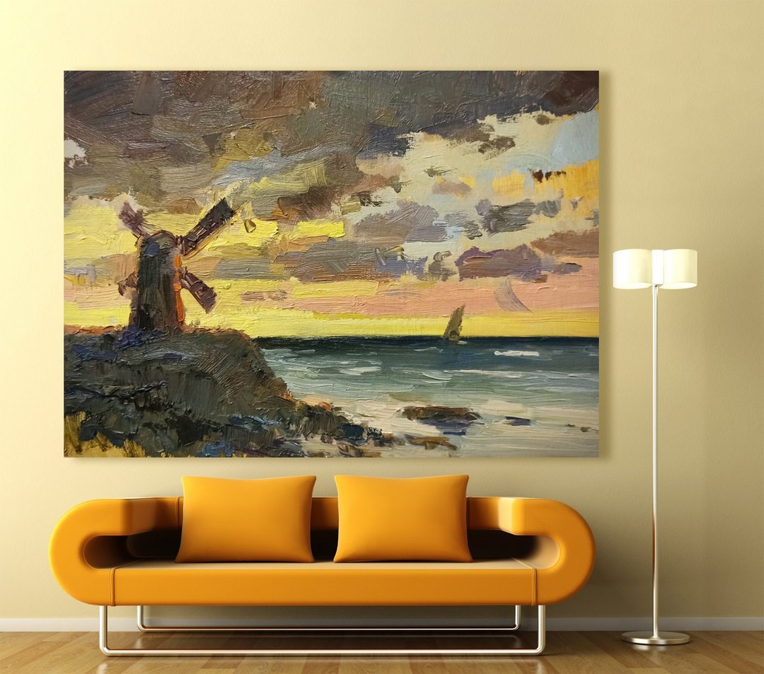 Mill by the Sea Abstract Sunset Seascape Oil Painting Bedroom Dark Wall Decor - 墙贴/壁贴 - 亚麻 咖啡色