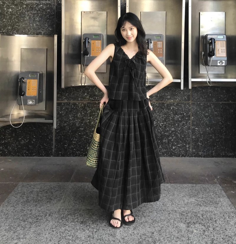 黑绿格纹棉麻 背心半裙套装 可客製 - 女装背心 - 其他材质 绿色