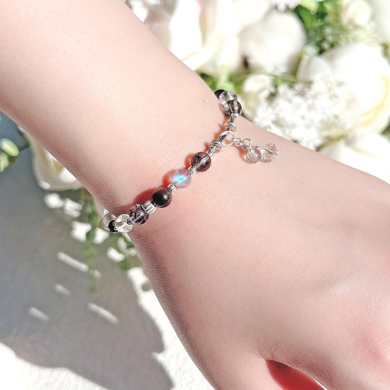 黑发晶 银曜石 拉长石 白水晶 S925纯银 天然水晶手链 - 手链/手环 - 纯银 黑色