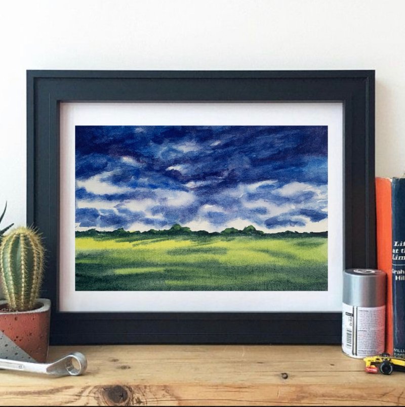Original Watercolor Painting Cloudy Landscape Trees Field Art Blue Sky Painting - 墙贴/壁贴 - 纸 多色