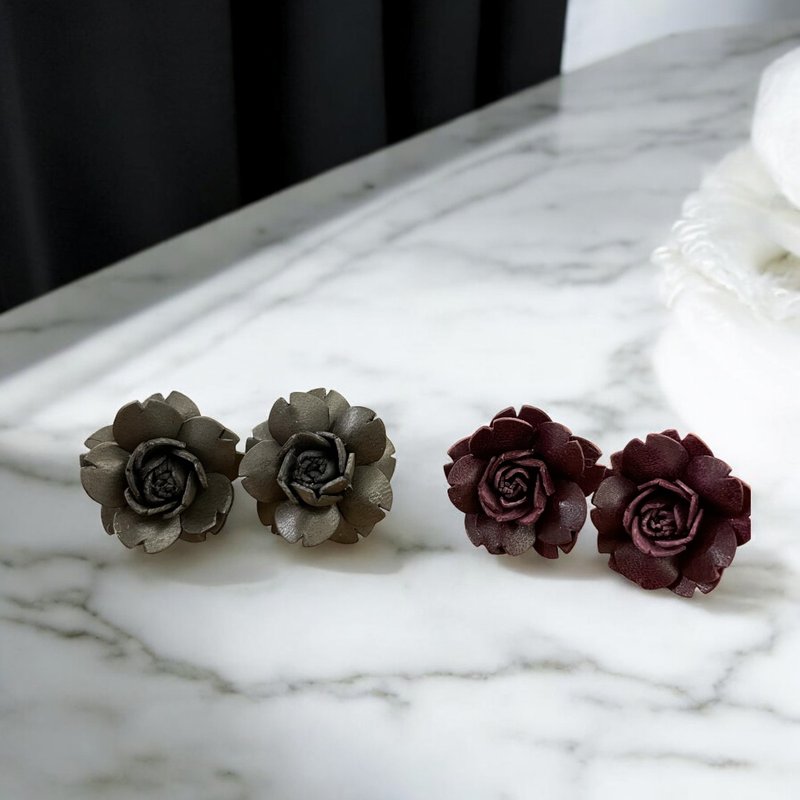 皮革花耳环 山茶花耳环 - 摆饰 - 真皮 橘色