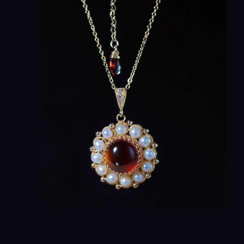 14kGF天然石榴石珍珠项链/经典复古/手工珠宝/包金天然石吊坠 - 项链 - 宝石 金色