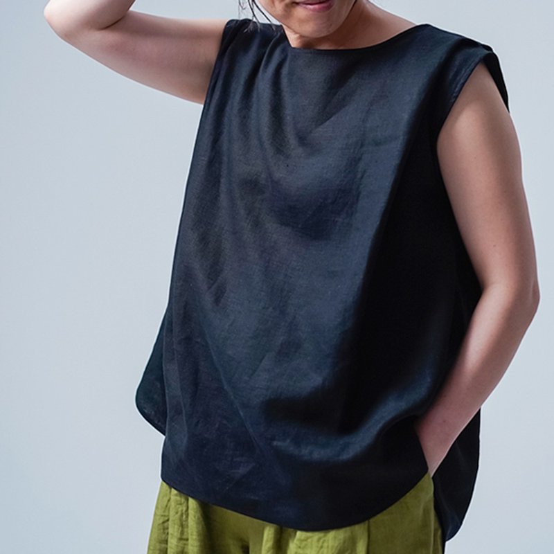 wafu - Grown-ups' Tanktop/Black t008k-bck1 - 女装上衣 - 亚麻 黑色