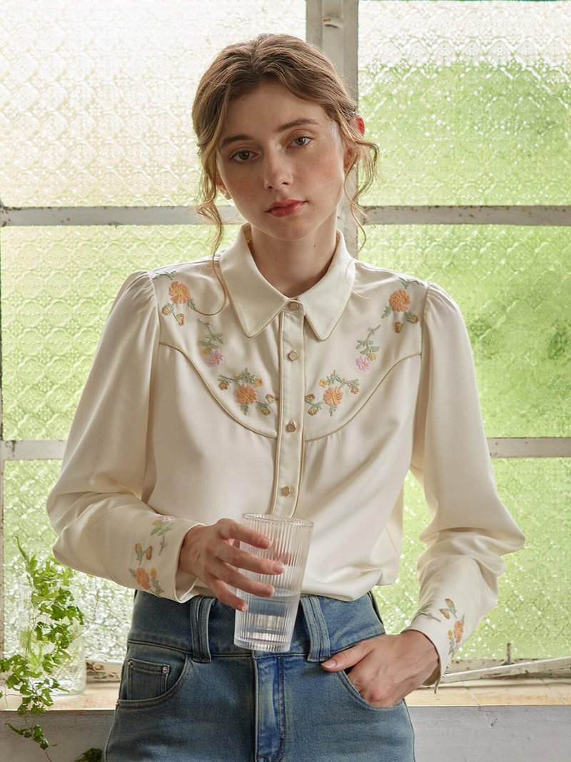 【SR全館一件包郵】Rachel 米杏色刺绣翻领衬衫|秋款 - 女装衬衫 - 聚酯纤维 白色