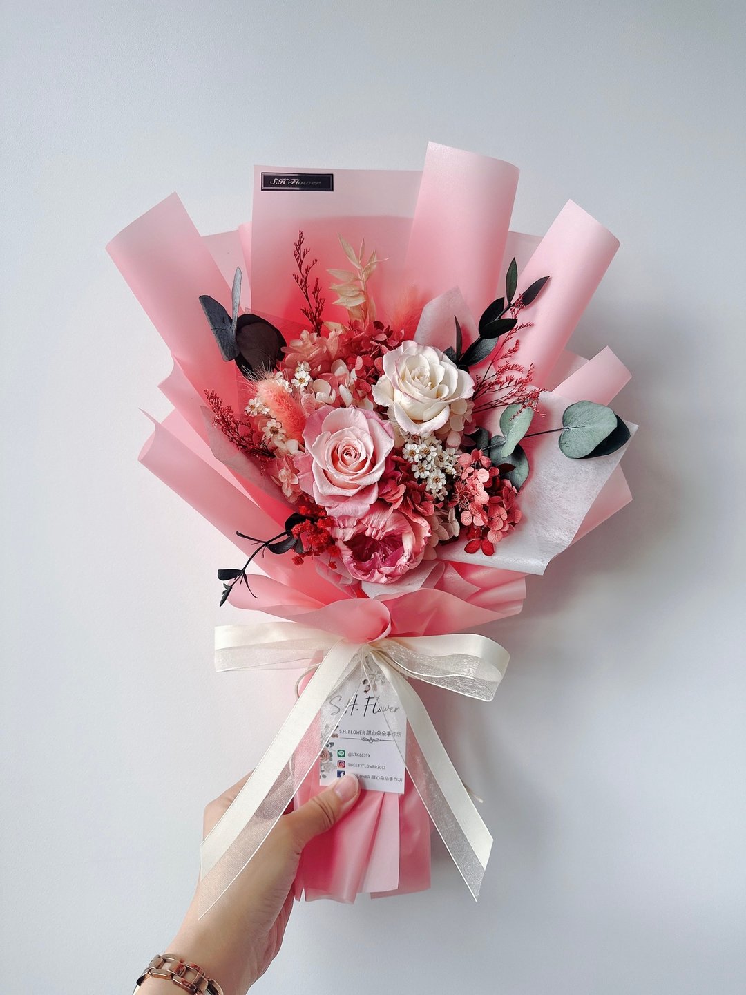 粉红泡泡中型永生花束 情人节花束/告白花束/生日花束/情人节花束 - 干燥花/捧花 - 植物．花 