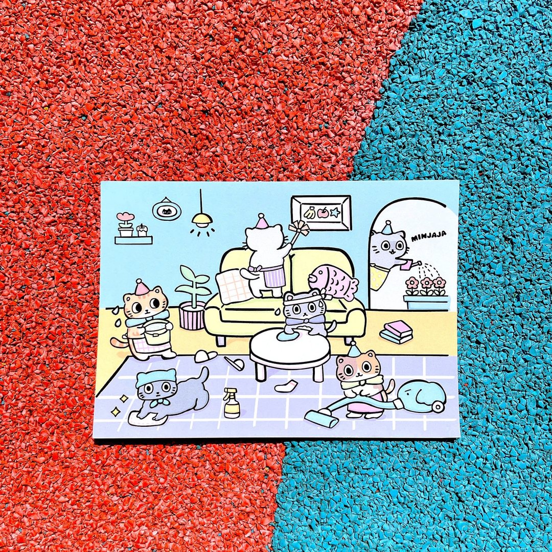 插画明信片 如果猫会打扫 - 卡片/明信片 - 纸 蓝色