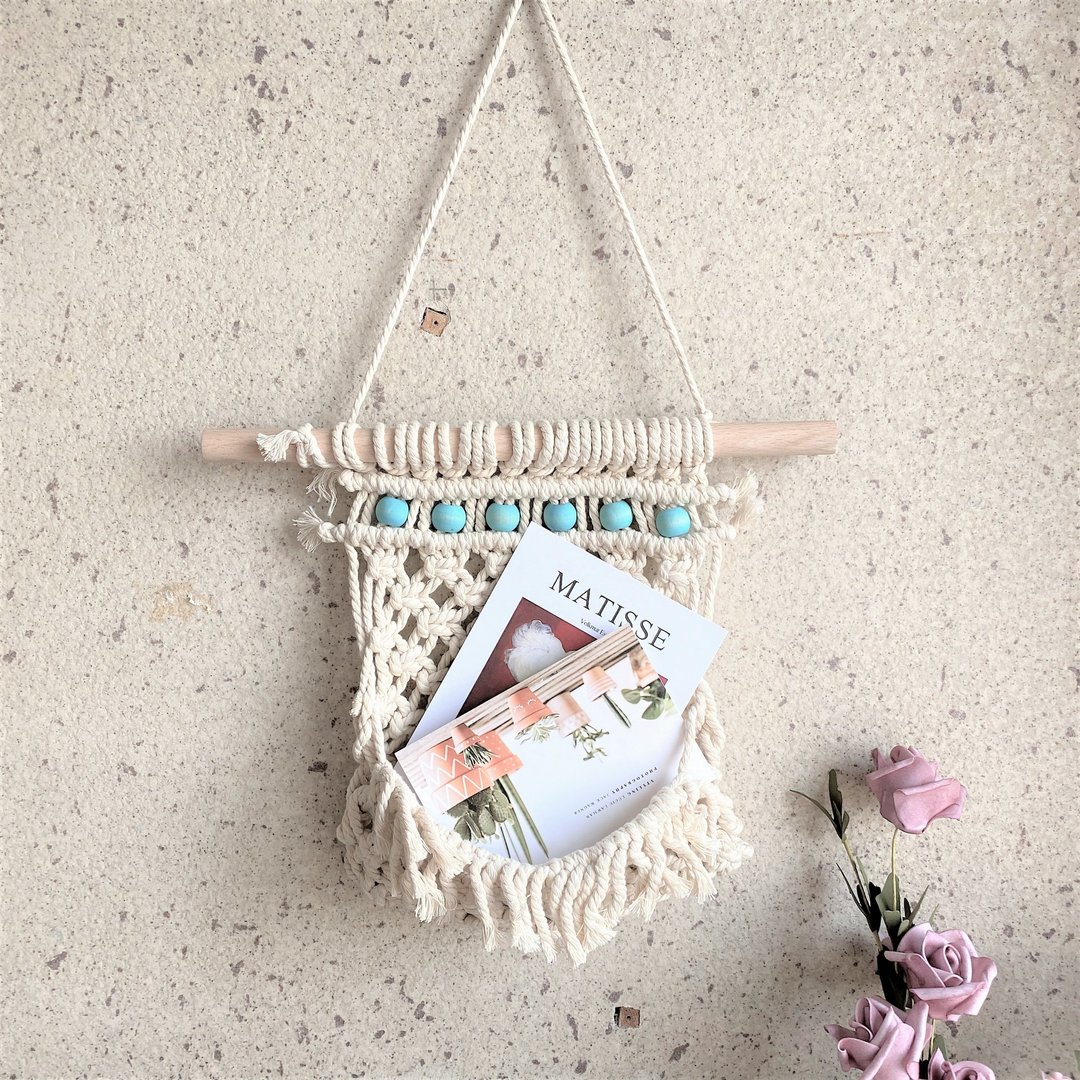 macrame 棉质手工编织串珠壁挂收纳袋 墙壁收纳 - 墙贴/壁贴 - 棉 
