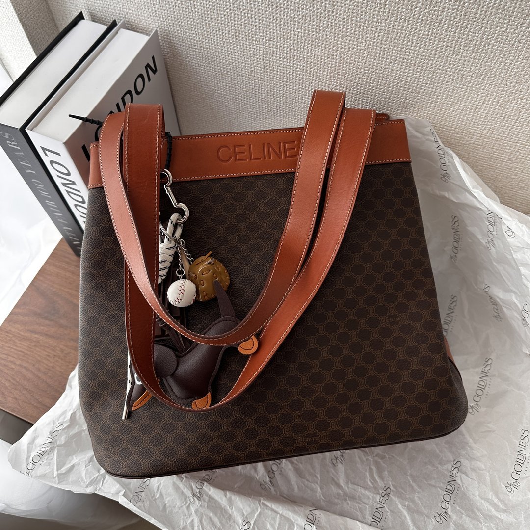 CELINE 赛琳 Macadam 老花 棕色 × 焦糖色皮革滚边 手提包 - 手提包/手提袋 - 真皮 咖啡色