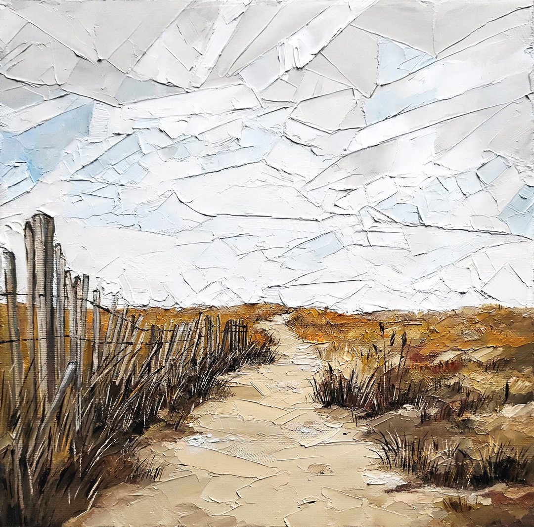 Sand Dunes Painting Road Original Art Impasto Oil Painting Skyscape Wall Art - 海报/装饰画/版画 - 其他材质 黄色
