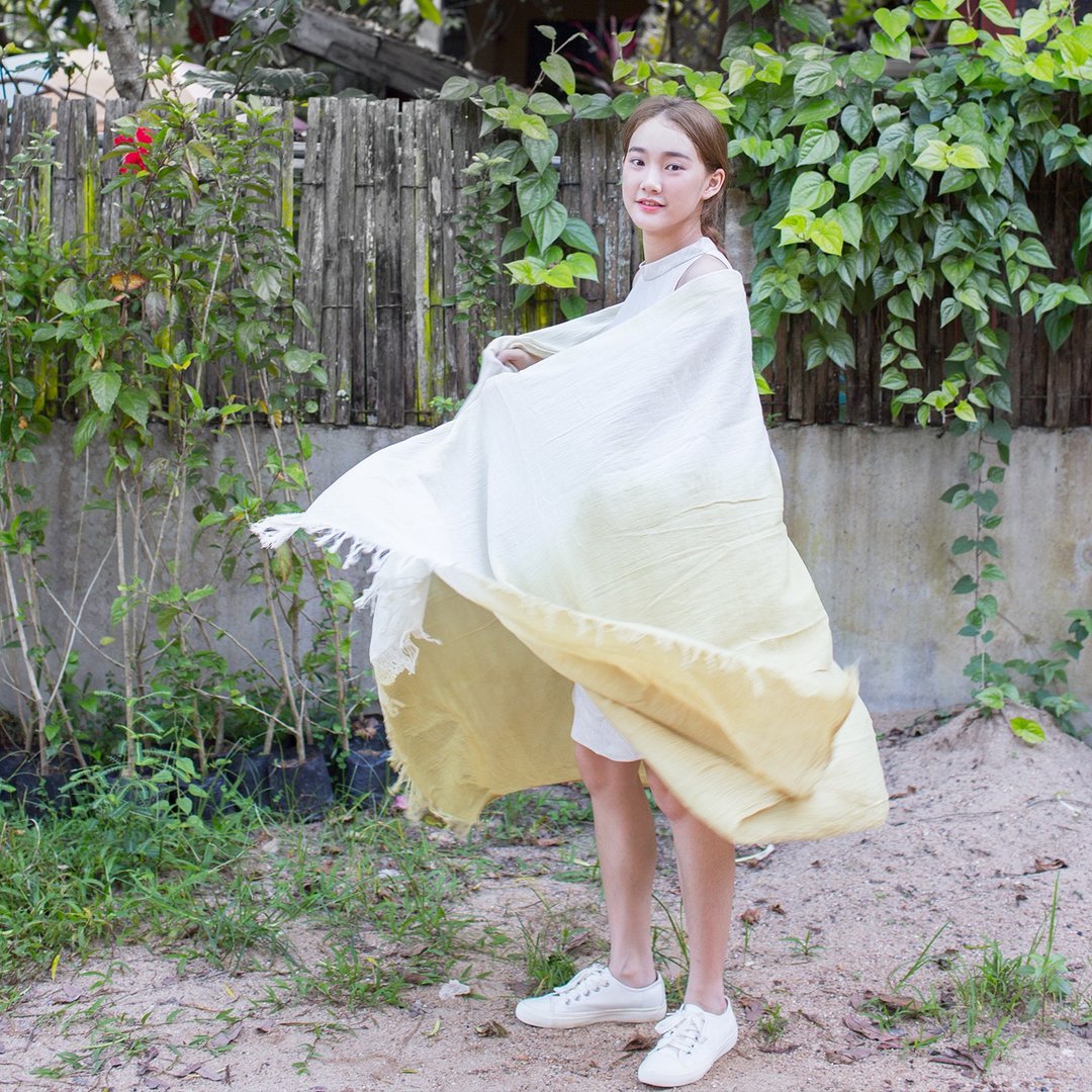 Thai Saloo Cotton Scarf Botanical Dyed Cotton Natural-Olive Yellow Color - 丝巾 - 棉 