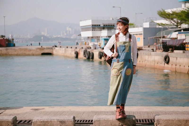 海岸和青草地条纹牛仔拼布工人裙 - 洋装/连衣裙 - 其他材质 绿色