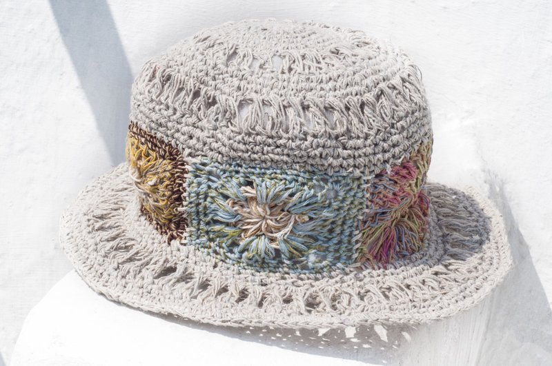 钩织棉麻帽 手工编织帽 渔夫帽 遮阳帽 草帽 草编帽-粉嫩花朵编织 - 帽子 - 棉．麻 多色