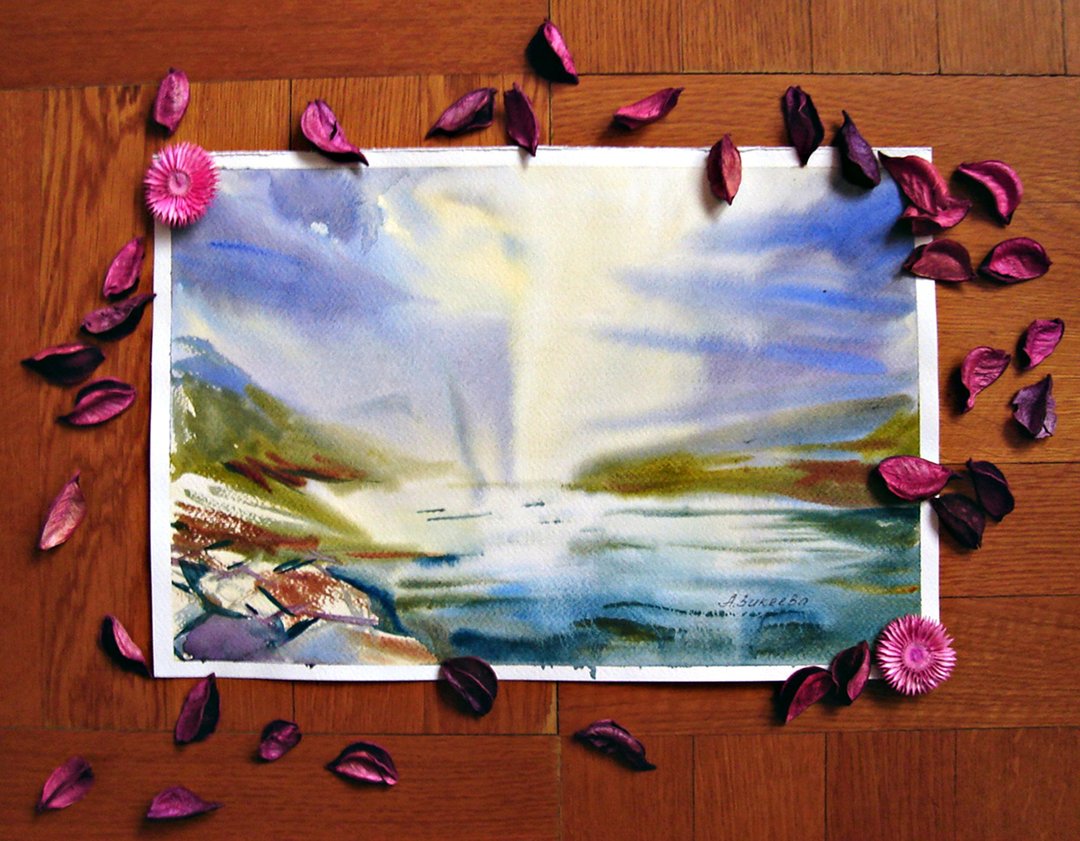 Riverside coastal summer landscape original watercolor painting 10 by 14 inches - 墙贴/壁贴 - 纸 多色