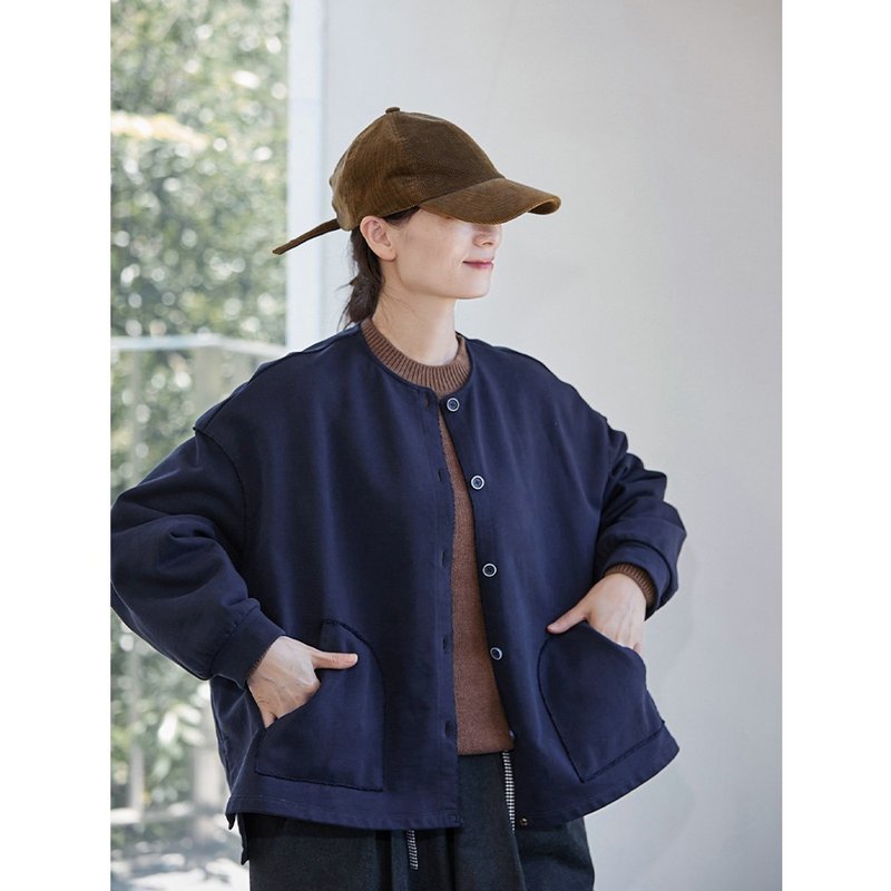 深藏青色棉百搭圆领开门襟针织厚外套 - 女装针织衫/毛衣 - 棉．麻 