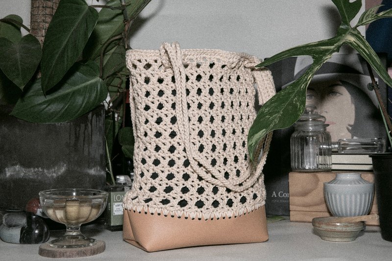 编织大容量手提肩背包 | 米白 | 网格、皮质包底 - 手提包/手提袋 - 棉．麻 卡其色