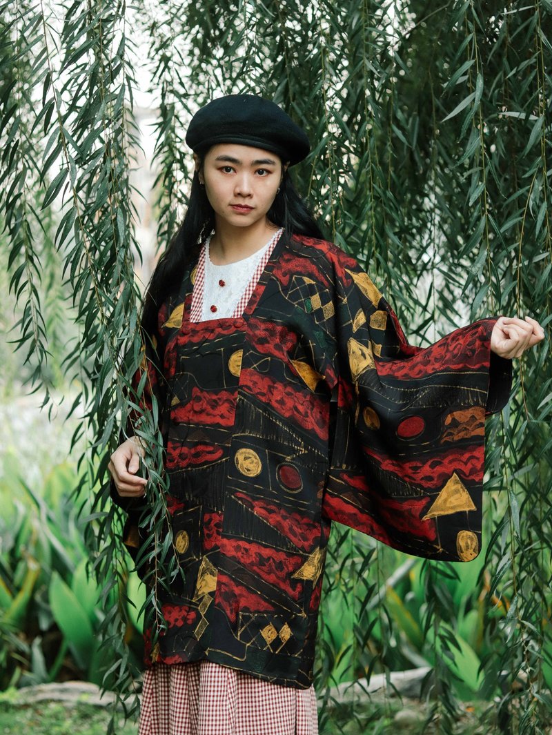 古着日本道行001  红黄涂鸦 黑色 ,和服外罩【Tsubasa.Y 古着屋】 - 女装休闲/机能外套 - 棉．麻 黑色