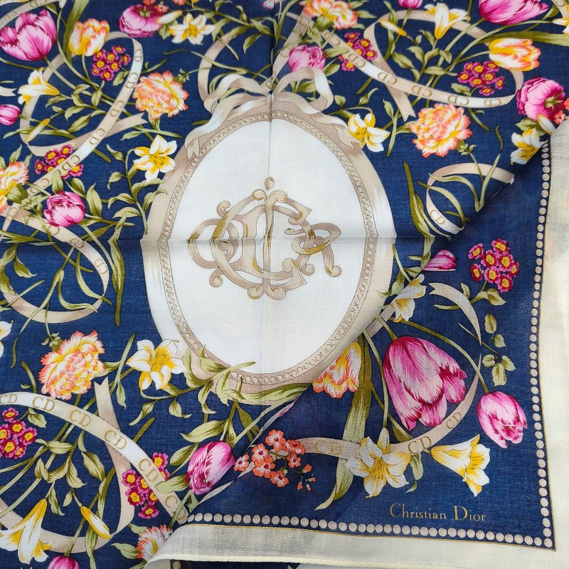 Christian Dior 复古手帕 甜美花卉 19 x 18.5 英寸 送礼佳品 - 手帕/方巾 - 棉．麻 蓝色