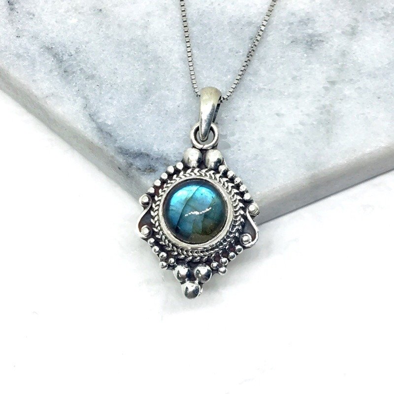 拉长石925纯银巴洛克风格项链 尼泊尔手工镶嵌制作 - 项链 - 宝石 蓝色