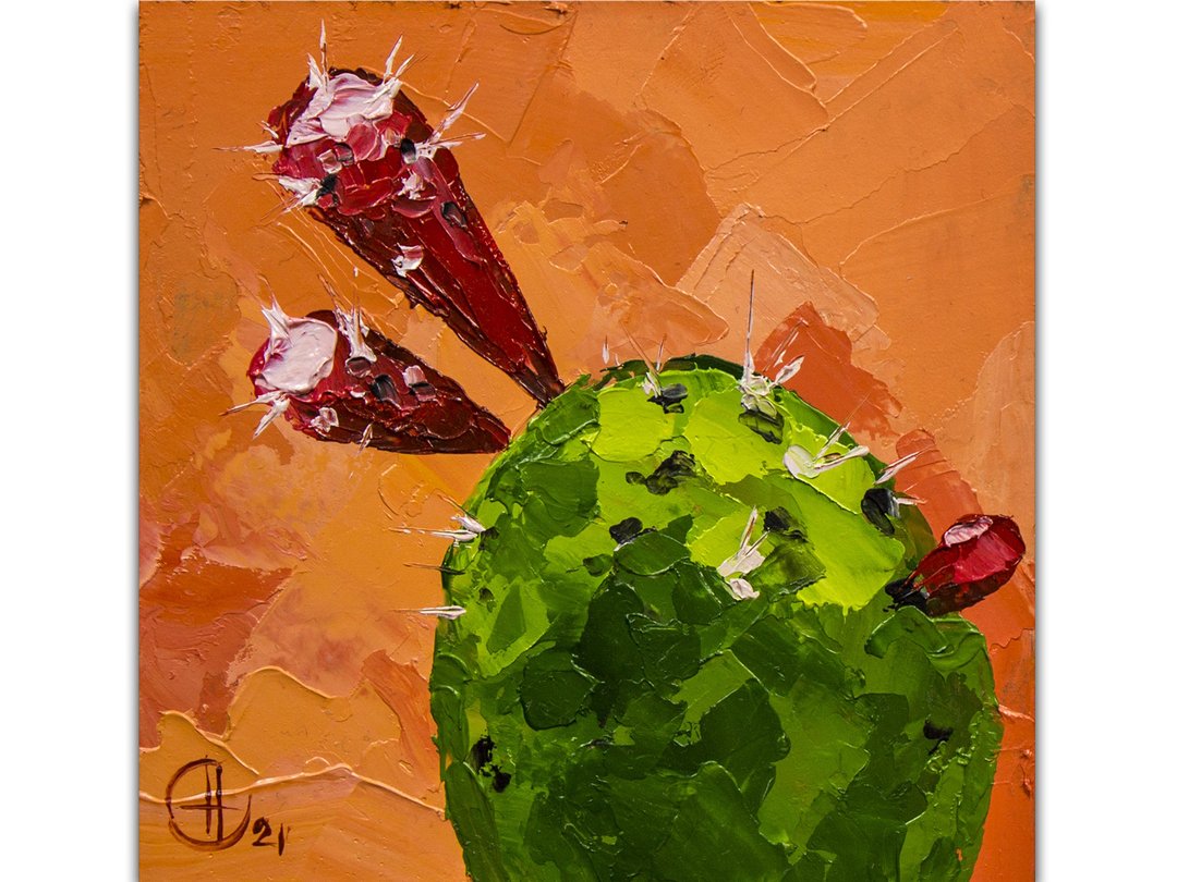 Cactus Painting Floral Original Art Impasto Flower Artwork Small Oil Painting - 海报/装饰画/版画 - 其他材质 绿色