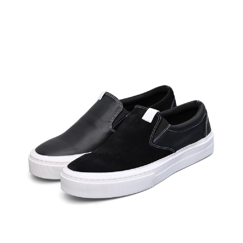 手工制 简约黑色 真皮拼色 低帮懒人鞋 - 男款休闲鞋 - 棉．麻 黑色