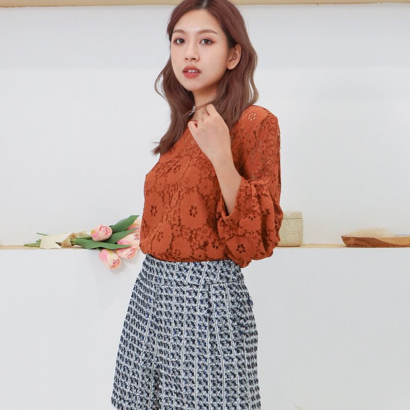 【MEDUSA】ICare 红棕蕾丝公主袖上衣 (F) | 女上衣 蕾丝上衣 - 女装上衣 - 棉．麻 咖啡色