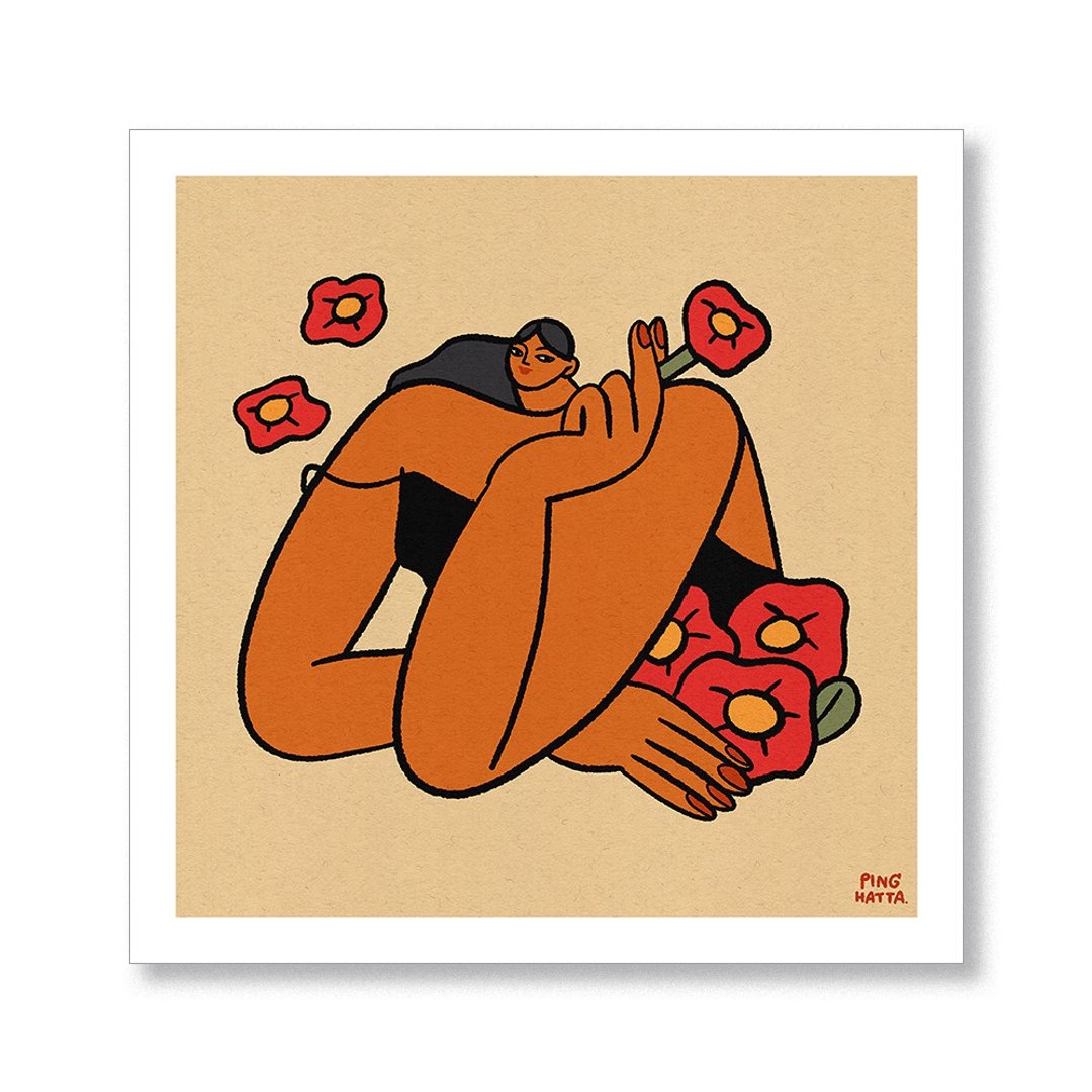 Blooming Dangerously - woman art print poster, tan lady black red flowers - 海报/装饰画/版画 - 纸 