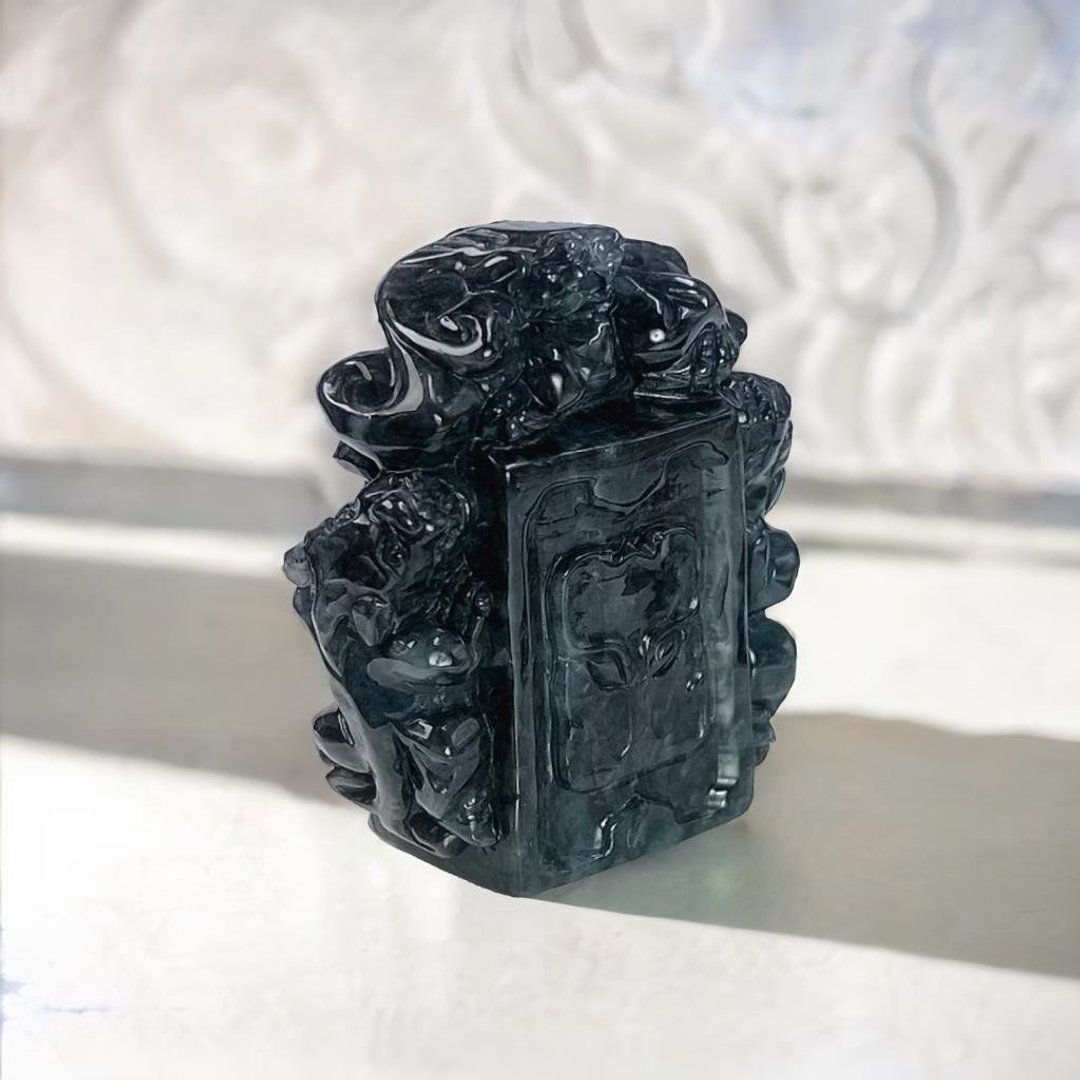 【招财神兽】乌鸡翡翠貔貅印章| 天然缅甸玉翡翠 | 送礼 - 印章/印台 - 玉石 灰色
