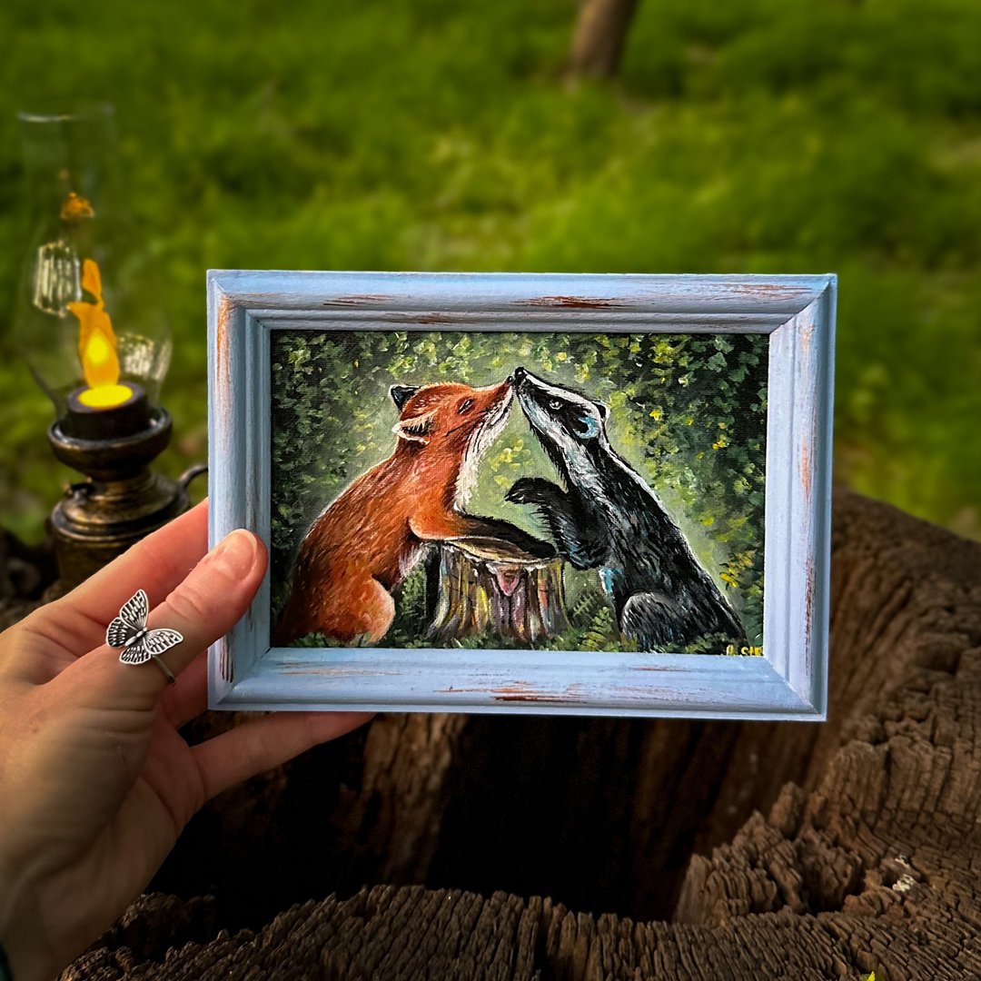 Fox and badger painting with frame, Fox wall art, Animals nursery decor Woodland - 墙贴/壁贴 - 木头 多色
