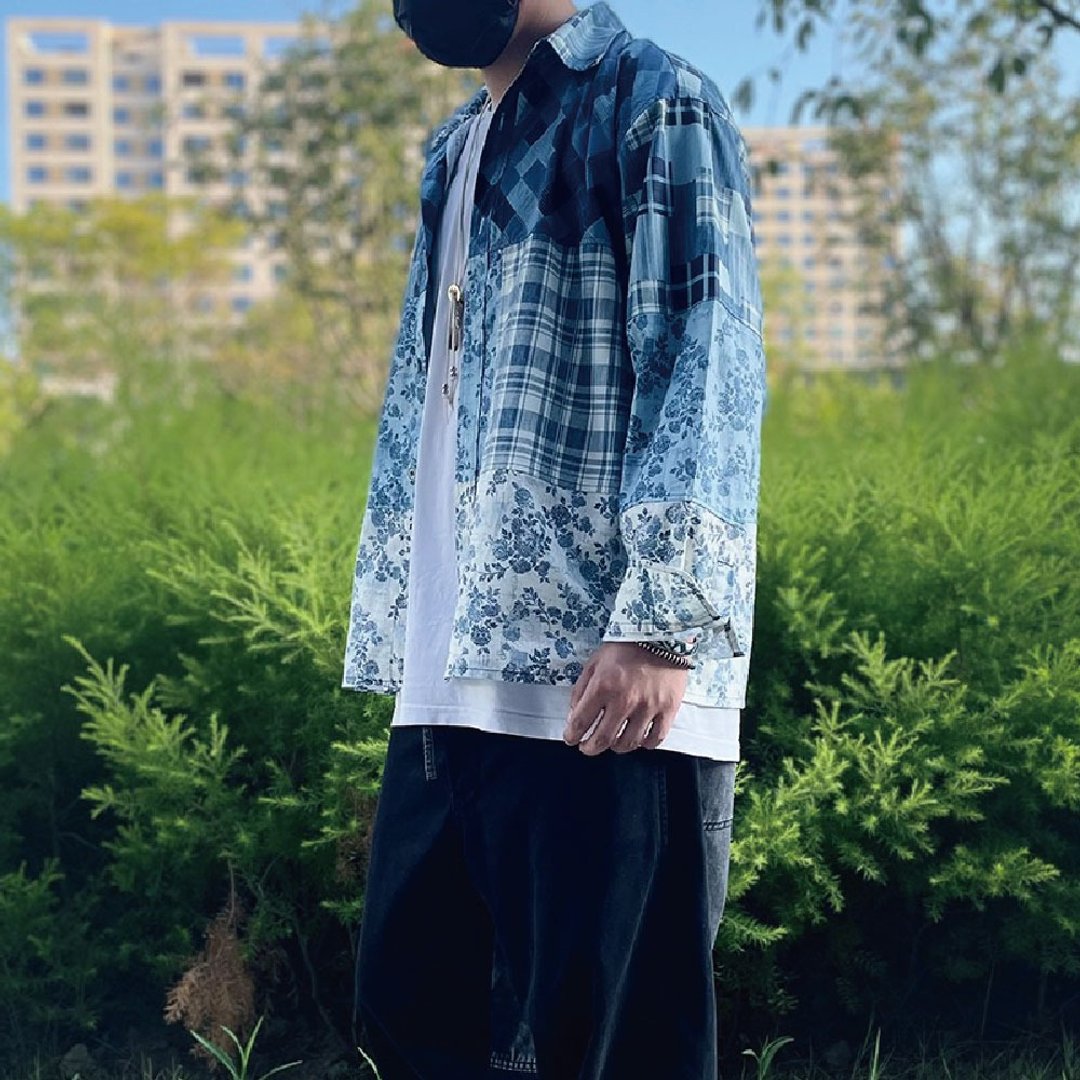不对称补丁 复古拼接格子衬衫 寬鬆襯衫式外套 - 男装衬衫 - 棉．麻 蓝色
