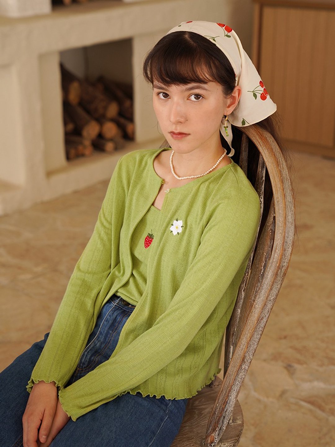 MintCheese独立设计 夏 牛油果绿法式少女草莓刺绣吊带开衫两件套 - 女装上衣 - 棉 绿色